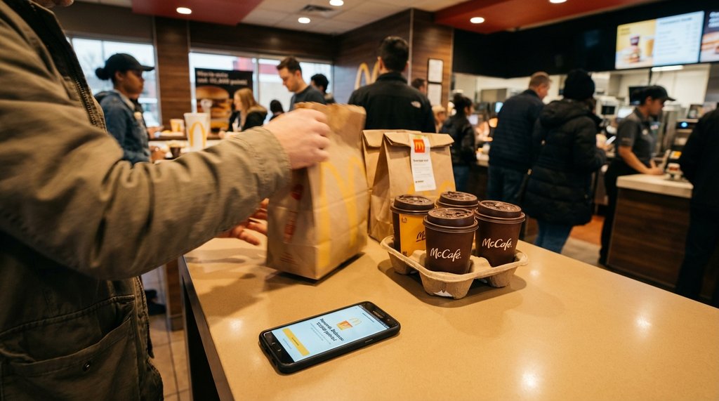 Large McDonald's family meal order being picked up at counter