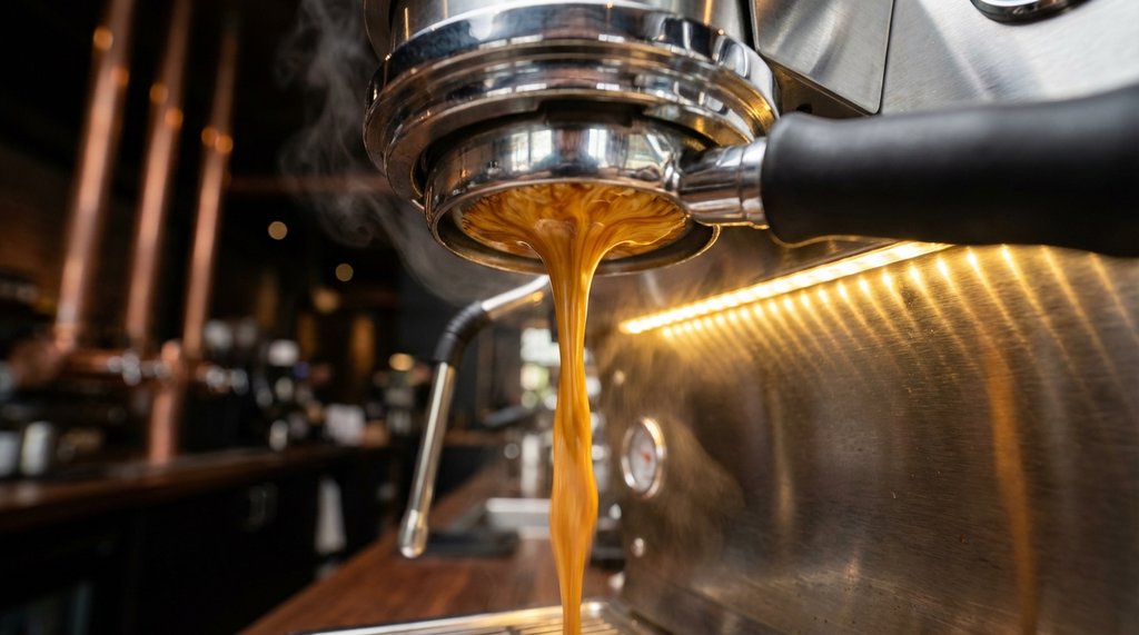 Bottomless portafilter showing subtle channeling during espresso extraction