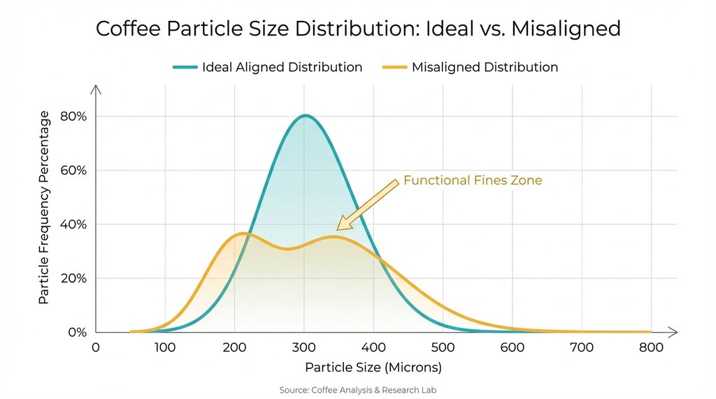 Infographic showing bimodal coffee particle distribution curve caused by burr misalignment