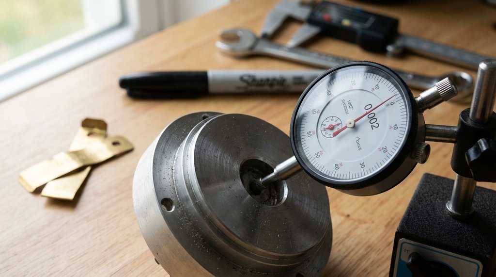 Dial indicator measuring runout on a coffee grinder burr carrier