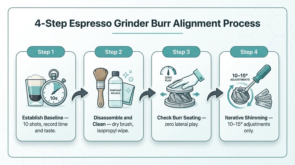 Step-by-step burr alignment process infographic for espresso grinders
