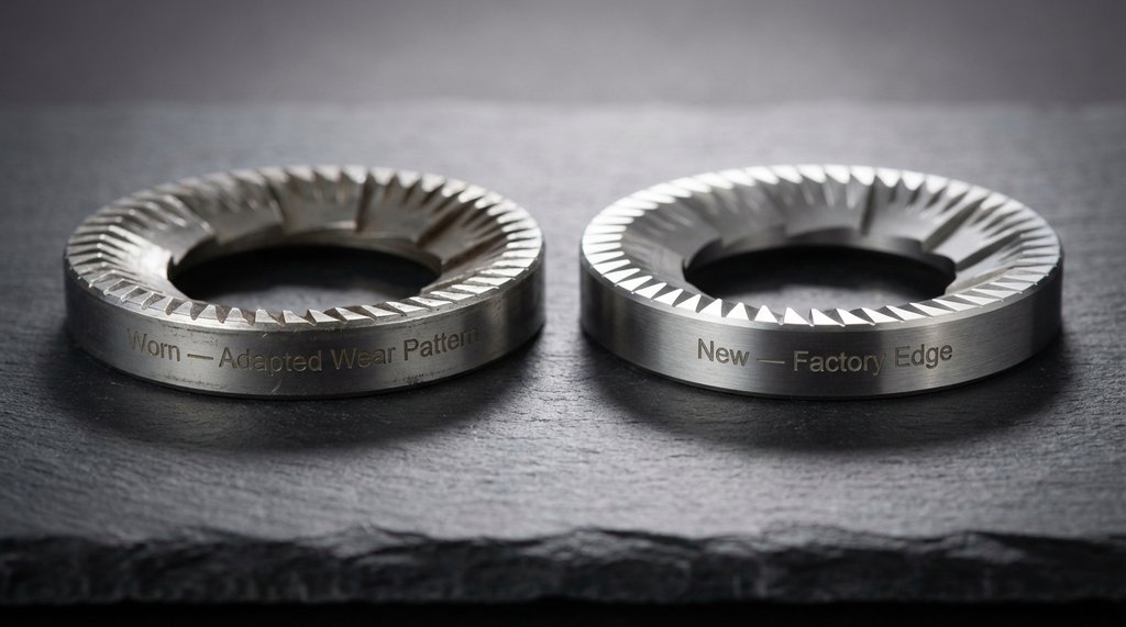 Side-by-side comparison of worn versus new flat espresso burrs