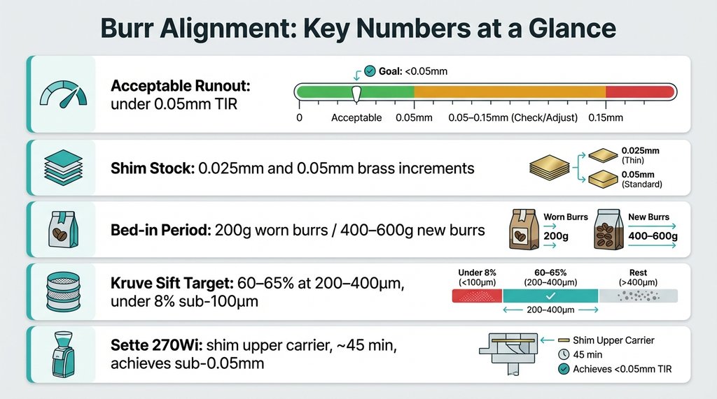 Infographic reference card of burr alignment specs and diagnostic tools