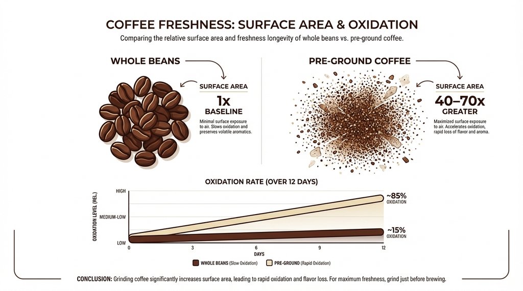 Infographic comparing whole bean vs ground coffee surface area