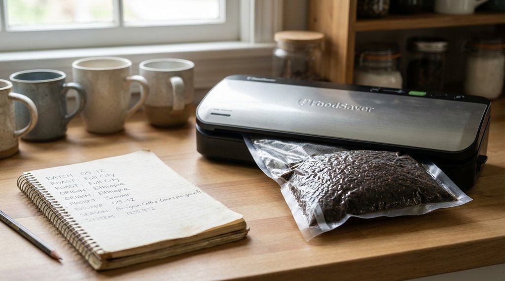 FoodSaver vacuum sealing coffee grounds on a kitchen counter
