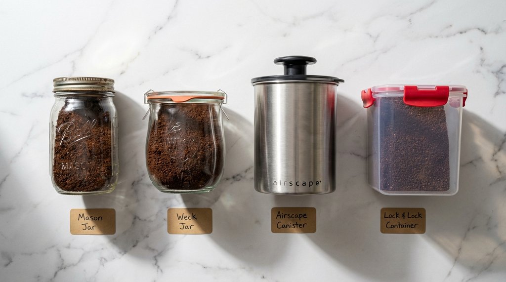 Four coffee storage containers lined up for comparison