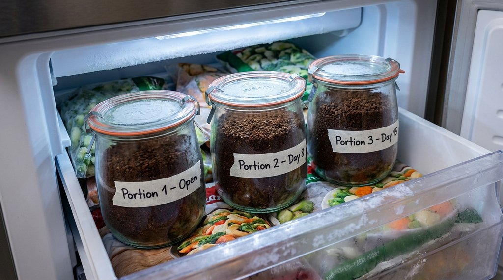 Labeled coffee portion containers stored in a freezer