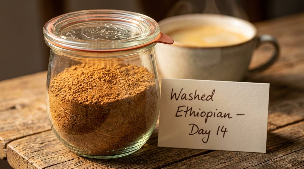 Washed Ethiopian light roast coffee grounds in a Weck jar