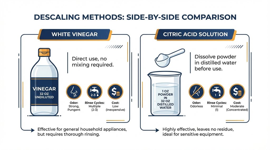 Infographic comparing white vinegar vs citric acid descaling methods