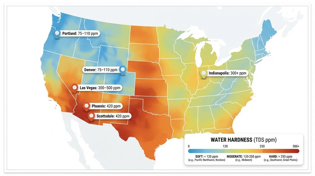 US water hardness map infographic with city TDS levels