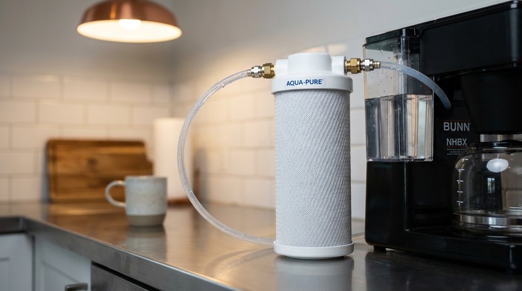 Under-sink inline carbon block water filter installed in kitchen