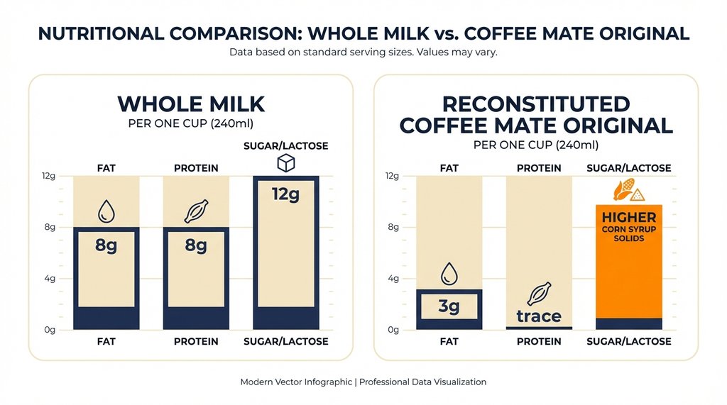 Infographic comparing nutritional composition of whole milk versus reconstituted Coffee Mate