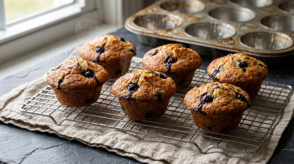 Golden blueberry muffins fresh from the oven on a wire cooling rack