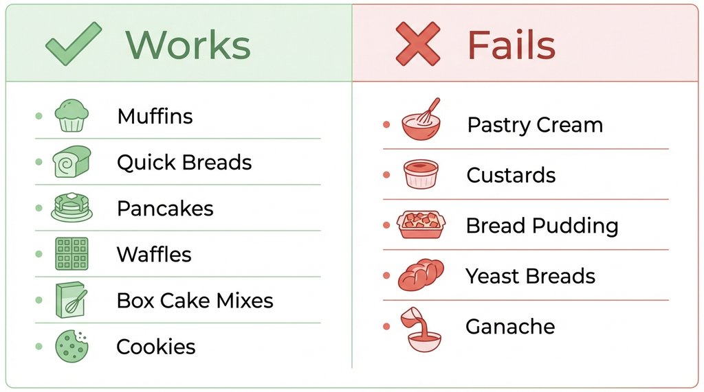 Infographic showing which baking recipes work and fail with Coffee Mate substitution