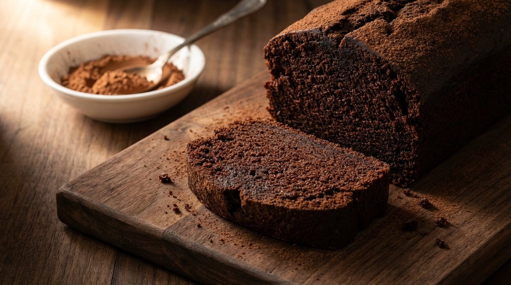Sliced chocolate pound cake on a wooden board with rich dark crumb