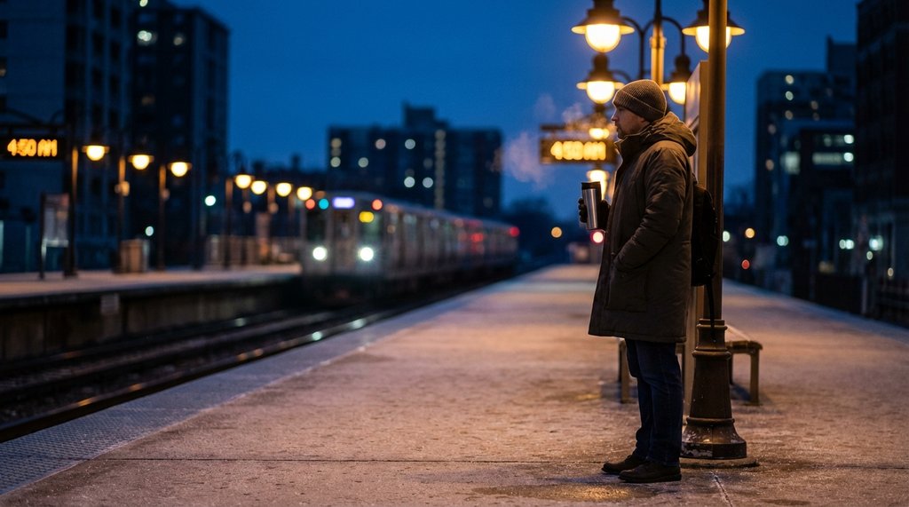 Early morning commuter at a dark train station platform seeking coffee