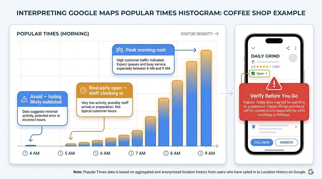 Infographic showing how to read Google Maps Popular Times histogram for early morning cafés