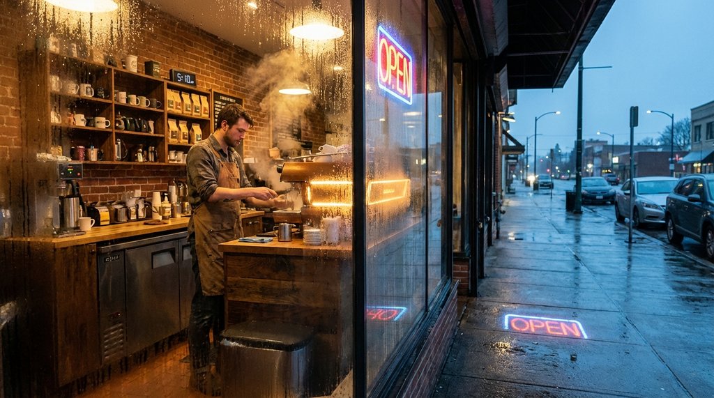 Interior of a small independent café near a train station at 5 AM, warm and inviting