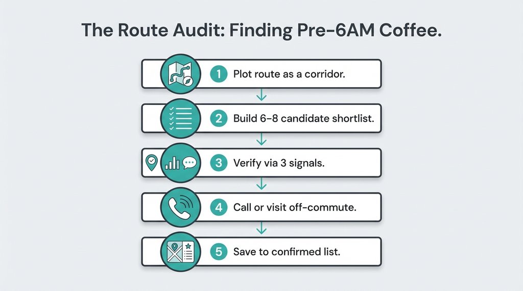 Infographic showing the five-step commuter route audit process for finding early coffee spots