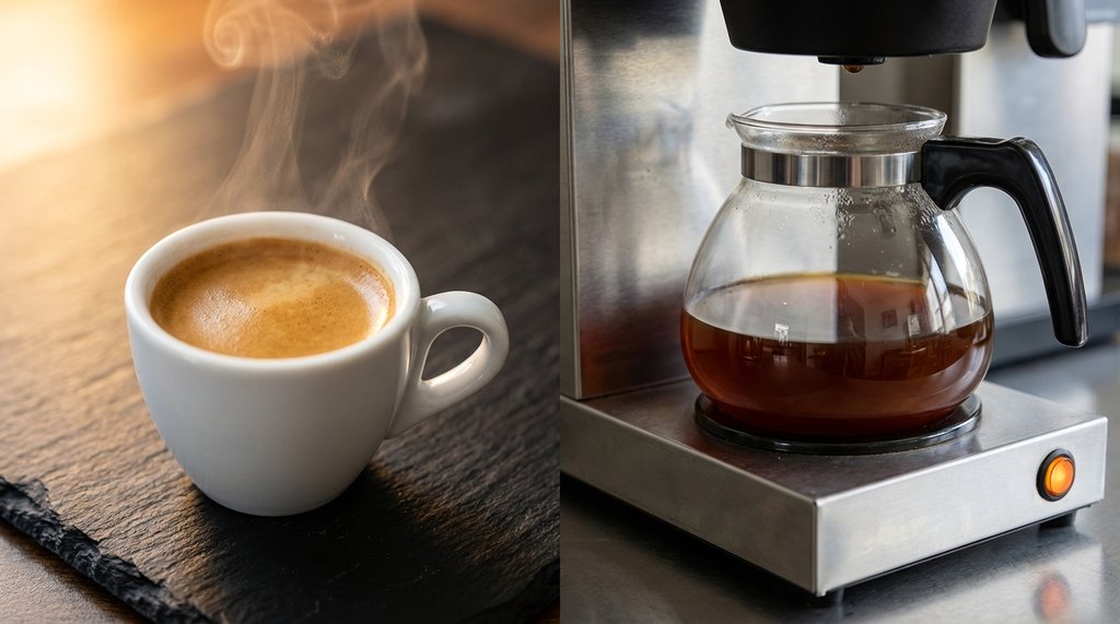Close-up of a well-pulled espresso shot beside a batch brew drip coffee carafe in an early morning café