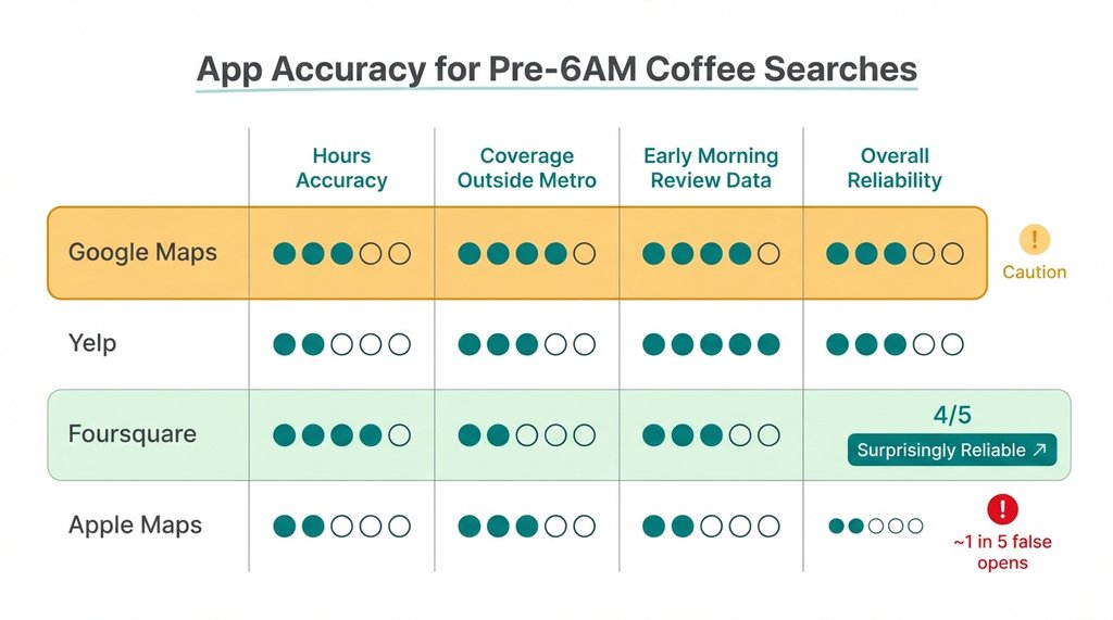 Comparison infographic of four apps rated for pre-6AM coffee search accuracy