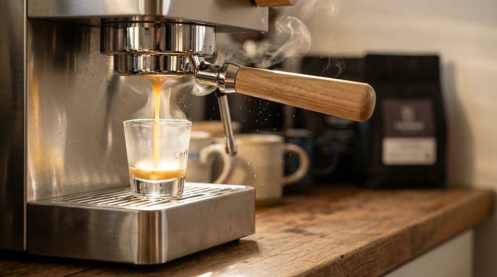 Washed Ethiopian Guji espresso shot being pulled on a home machine