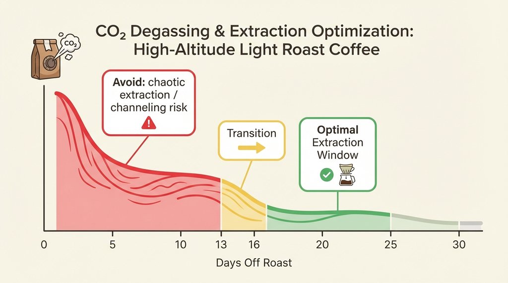 Timeline infographic showing CO2 degassing curve and espresso rest days for high-altitude light roasts