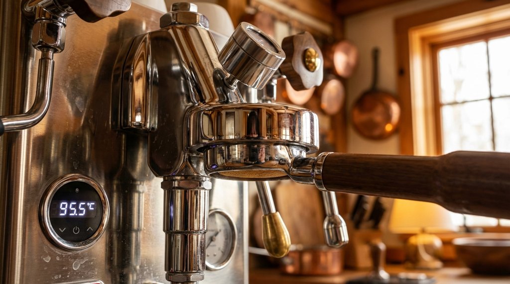 Close-up of Lelit Bianca V3 group head temperature display set to 95.5 degrees