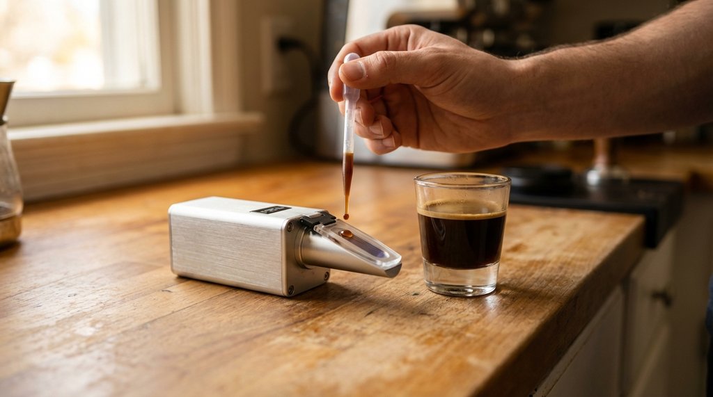 VST refractometer resting beside a shot glass of espresso on a home barista counter