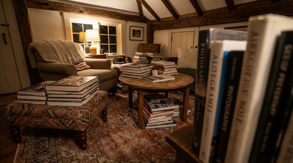Cluttered small living room with stacked books