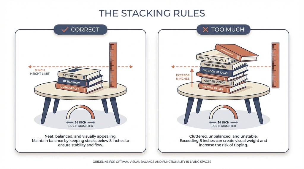 Infographic showing coffee table book stacking rules