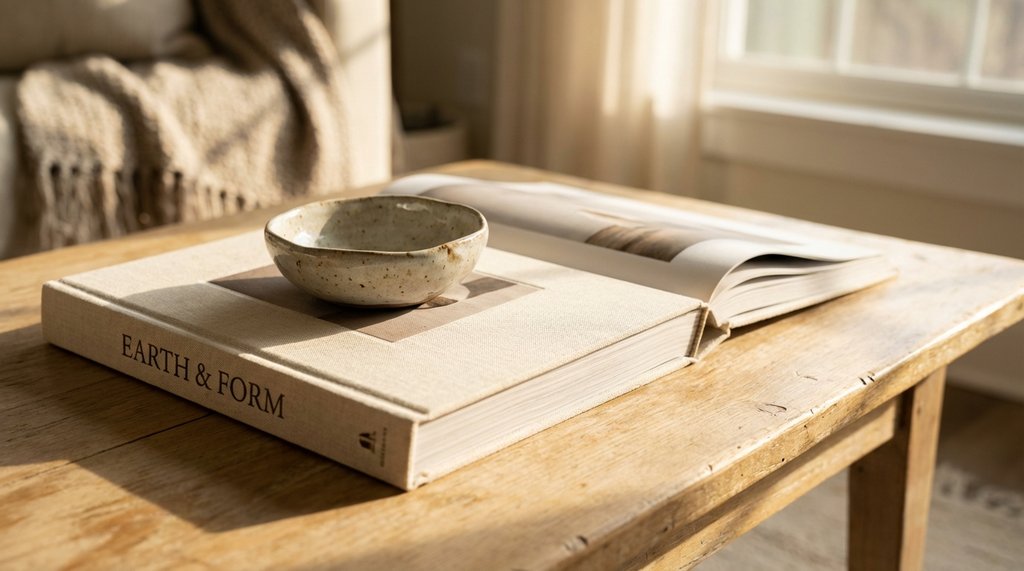 Large format book used as display surface with ceramic object