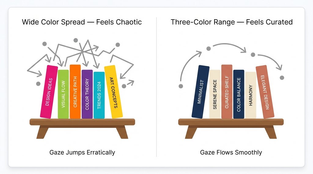 Infographic comparing chaotic vs color-coordinated book display
