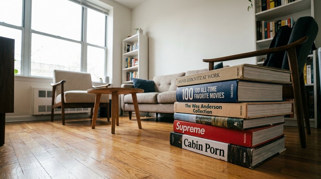 Small living room showing a problematic floor book stack beside a coffee table