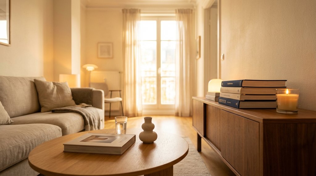 Well-styled small living room with books on credenza and minimal coffee table