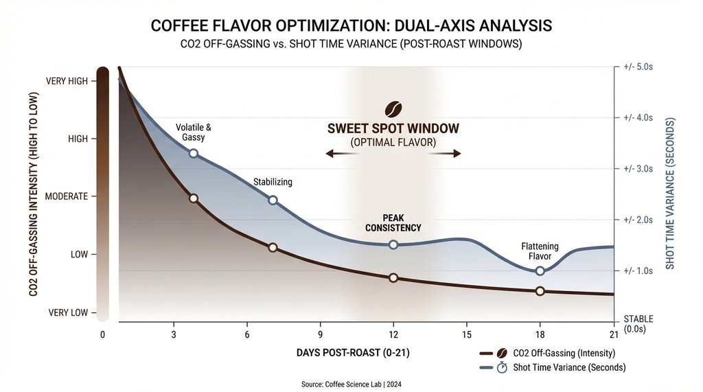 Infographic showing CO2 degassing curve vs. shot time variance