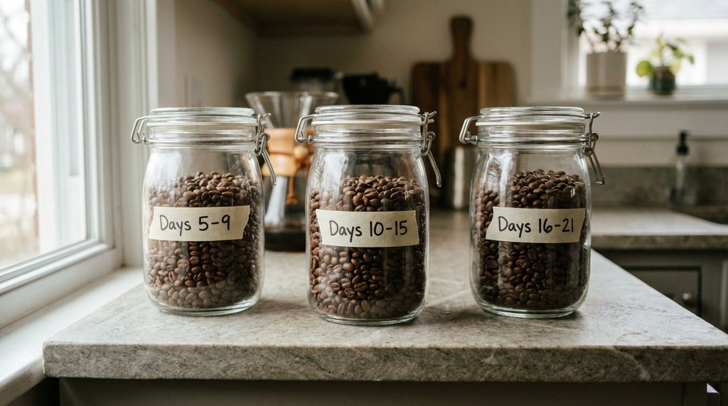 Three sealed coffee containers labeled by day range on a kitchen counter