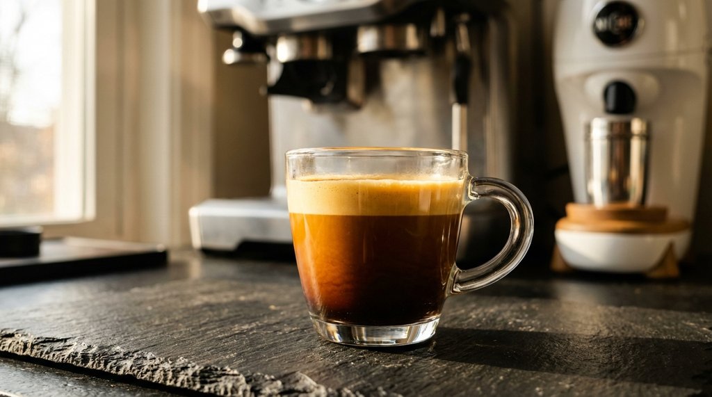 Perfect espresso double shot in a glass cup on a home counter