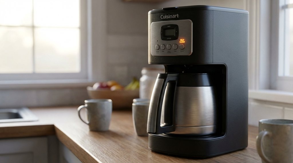 Cuisinart coffee maker with glowing self-clean indicator light