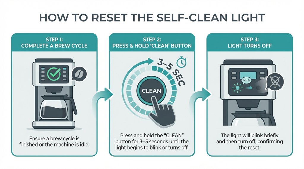 Step-by-step infographic showing how to hold the Clean button to reset a Cuisinart coffee maker