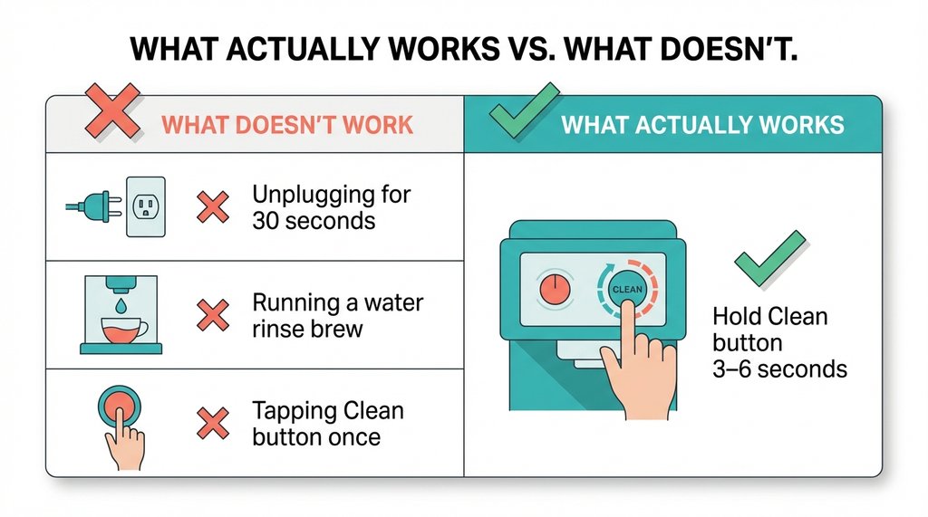 Comparison infographic of three failed reset methods versus the correct hold-reset method