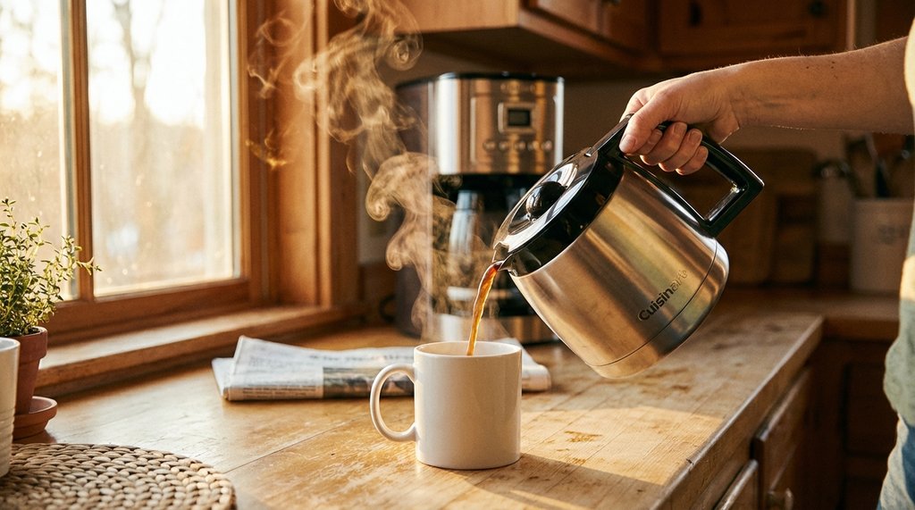 Fresh cup of coffee being poured from a clean Cuisinart coffee maker