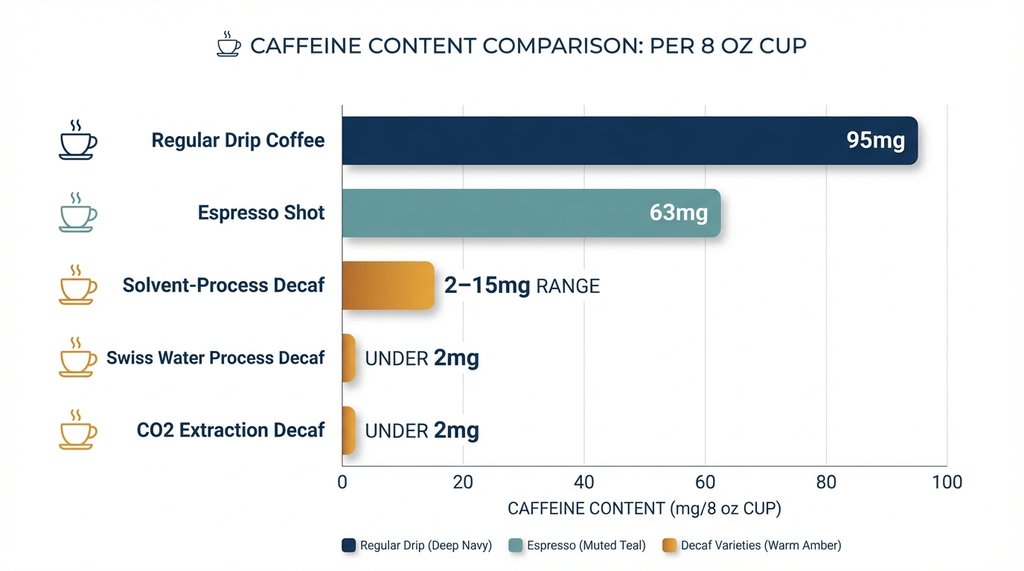 Infographic comparing caffeine content across coffee types and decaf processes