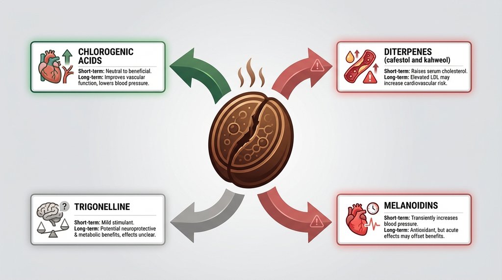 Diagram of coffee's non-caffeine bioactive compounds and their cardiovascular effects