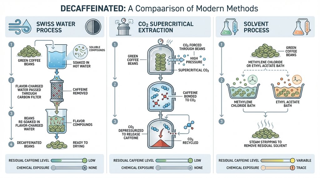 Side-by-side comparison of three decaffeination methods as a process diagram