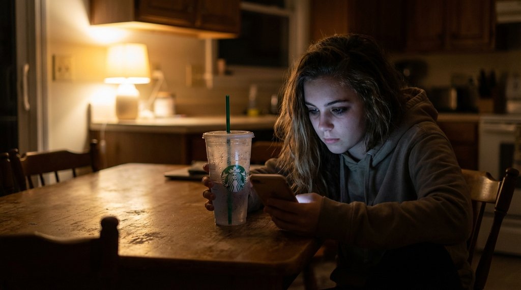 Teenage girl holding a large Starbucks iced coffee drink