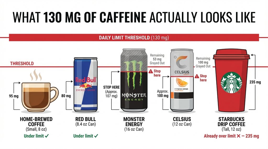 Infographic showing what 100mg and 130mg of caffeine looks like in real teen products