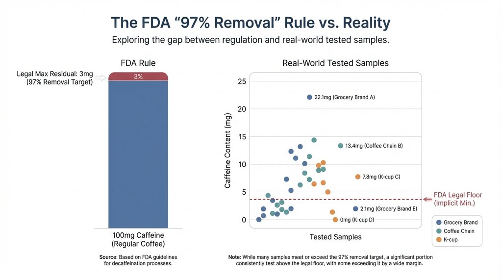 Infographic showing FDA decaf caffeine legal thresholds versus actual tested ranges