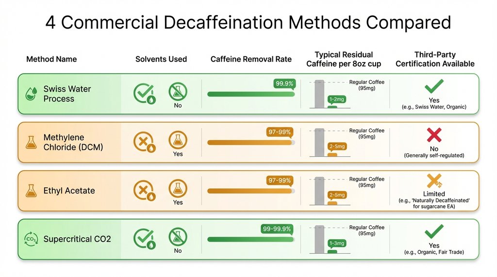 Comparison infographic of four coffee decaffeination methods