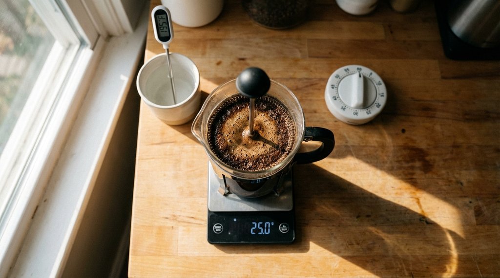 Close-up of French press decaf coffee preparation with precise measurement tools